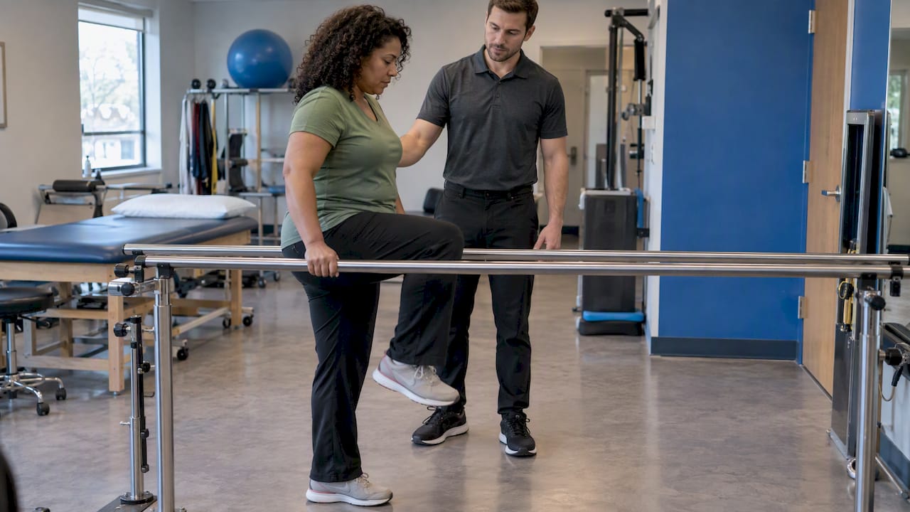 Patient practicing supported mobility with therapist
